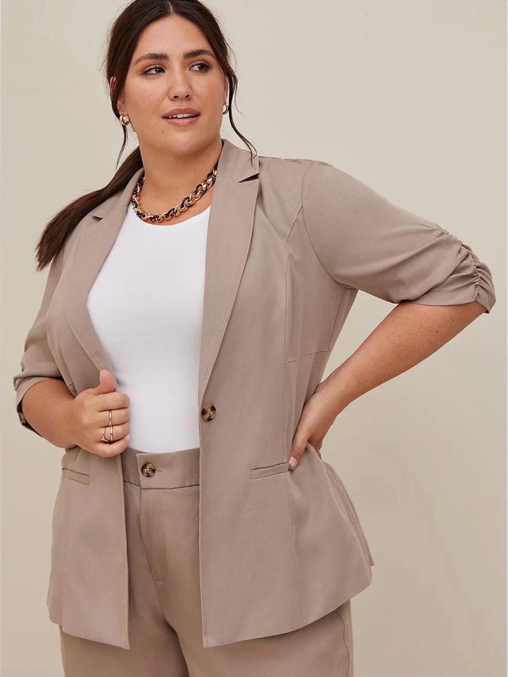 Torrid RUCHED SHORT SLEEVE BLAZER - LINEN STONE size 2x